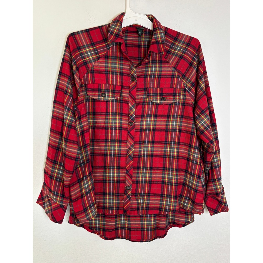 Wild Fable Red Plaid Button Down Flannel Shirt High Low Hem Womens Small S